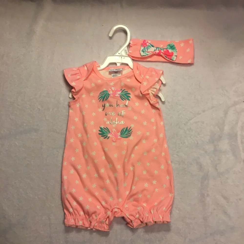 Nicole Miller Romper Set Baby Girl 6-9M Pink Aloha Tropical‎ Good Flutter Sleeve